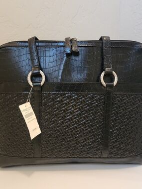 Coldwater Creek Hampton Computer Bag Black Woven Faux Leather Office Work